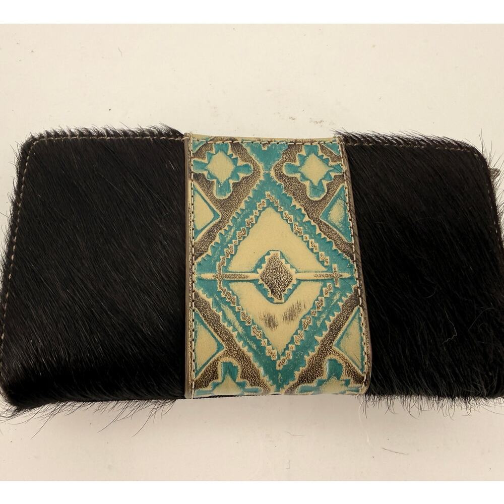 Trinity Ranch Black Hair On Hide Turquoise Southwestern Zip Around Wallet 7x4